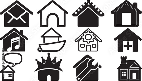 Collection of 12 black and white house icons with various symbols