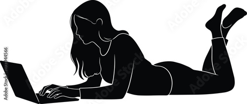 Silhouette vector illustration of person lying relaxed using laptop computer, casual posture representing remote work, online learning, digital lifestyle concept.