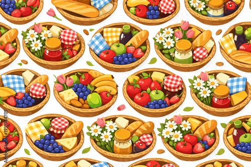 Various baskets filled with food items sit on a white background showing fruits, cheese, and jars