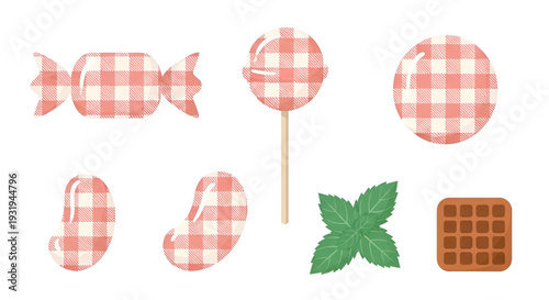 Collection of gingham patterned candies, lollipop, mint leaves, and a waffle illustration