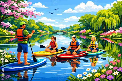 Group enjoys paddleboarding lesson on calm river with colorful kayaks in sunny weather surrounded by trees and flowers