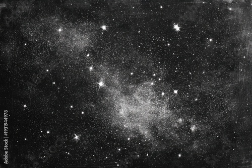 Abstract Black and White Starry Night Sky with Cosmic Dust and Bright Stars.