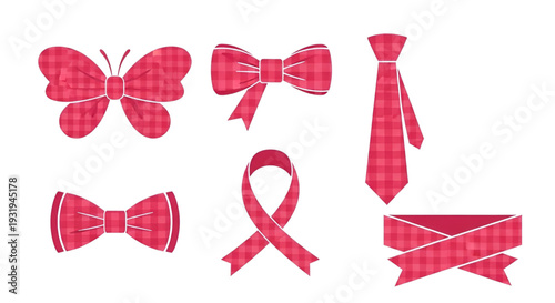 Fashion accessory icons with pink plaid texture including butterfly bow tie necktie and awareness ribbon