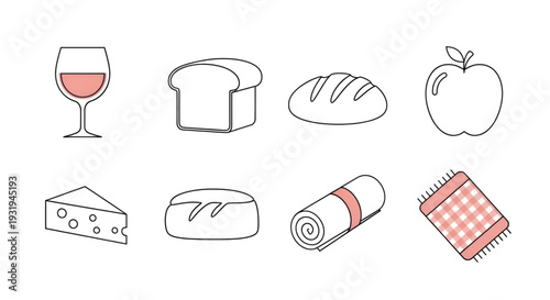 Outline drawings of wine glass, bread loaves, cheese, apple, and picnic blanket