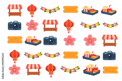 Set of colorful icons featuring markets, food, flowers, and decorations for a festive event