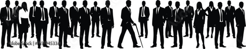 Silhouetted business people standing in line, corporate attire, teamwork, diversity, professional group, organization, leadership, vector illustration design