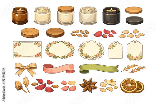 Candles, labels, and decorative items on a white background for crafting projects and decoration ideas