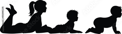 Silhouette woman, child, and baby in crawling and lying poses, vector illustration representing family, growth, development, caregiving, nurturing bond