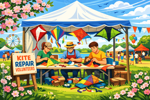 Kite repair volunteers work together at a fair during the day to help fix kites for children and families in the community