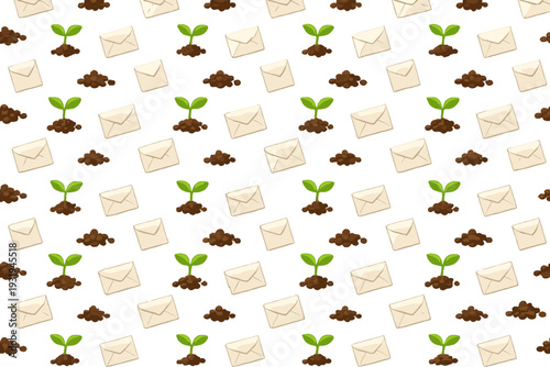 Pattern of envelopes, seedlings, and soil arranged in a repeating style for design purposes