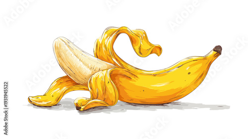 A peeled banana illustration. The fruit is yellow and creamy, with the peel partially removed. A shadow