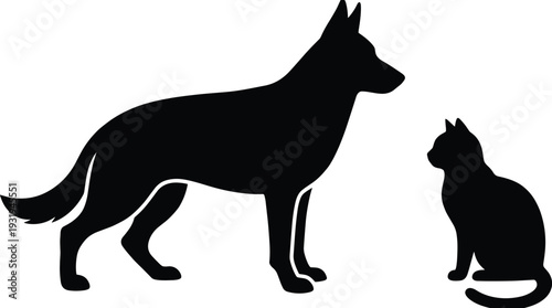Dog and cat silhouette facing each other, black flat vector illustration of domestic pets isolated on white background for animal logo design