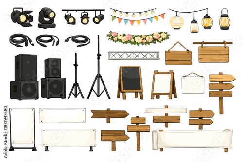 Decorative items for events with sound equipment and lighting for a festive atmosphere