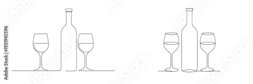 Minimalist line art of wine bottles and glasses arranged on a table