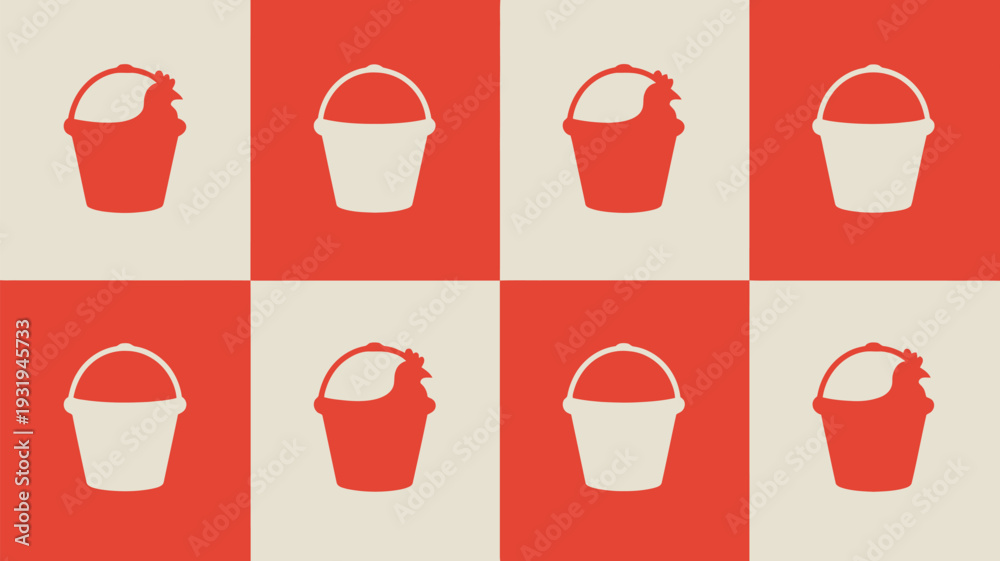 Fototapeta premium Chicken in bucket pattern on red and beige background