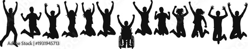 Silhouetted diverse people celebrating together, jumping with joy, arms raised, wheelchair inclusion, unity, equality, accessibility, happiness, community engagement scene