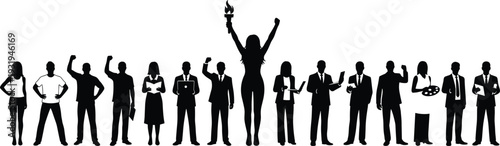 Silhouetted diverse professionals and leader holding torch symbolizing empowerment, teamwork, career diversity, unity, success, and professional collaboration illustration
