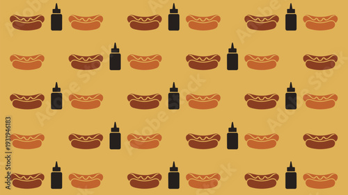 Vibrant hot dog and condiment pattern on yellow background for food designs