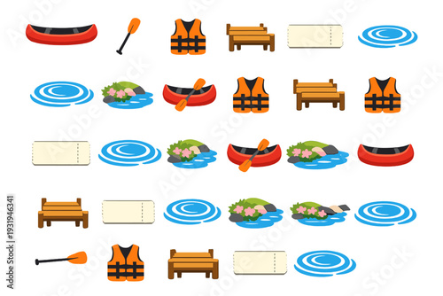 Items associated with kayaking and water activities near a river or lake