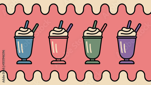 Colorful milkshakes with whipped cream and straws in fun illustration