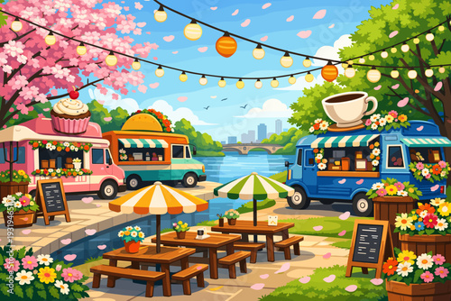 Food trucks gather by the river in a park with colorful tables under string lights and trees in bloom during springtime