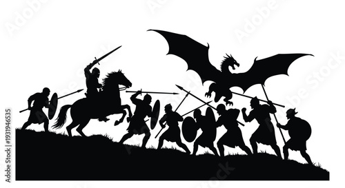 A silhouetted scene depicts knights battling a dragon with spears and swords
