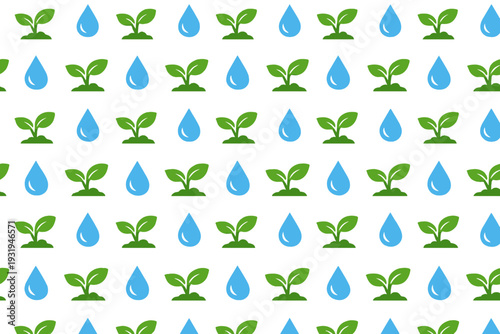 Green plants and blue water droplets in a repeating pattern on a white background