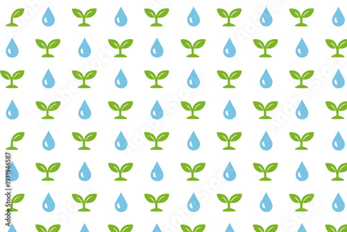 Repeated pattern design of plants and water droplets on a white background for a casual setting