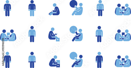 Flat vector people icons set showing standing figures, sitting characters and teamwork interaction scenes in blue tones, modern minimal illustration isolated on white background