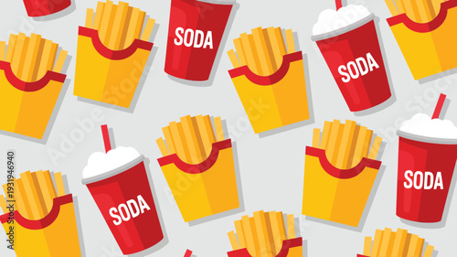 Colorful fast food pattern with fries and soda cups on gray background