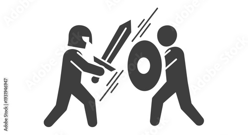 Two figures engaged in a duel with a sword and shield depicted in a simple style