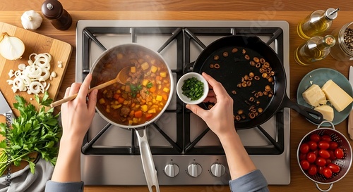 Overhead shot of simmering stew preparation on stove top with condiments