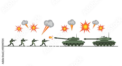 Pix-elated soldiers and tanks engaged in combat with explosions overhead