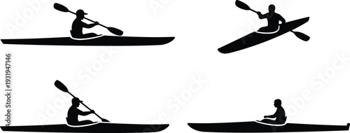 Kayaker silhouette set with canoe and paddle isolated on white background water sport vector illustration collection