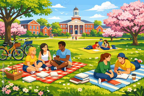 Students enjoying time outside at a university campus on a sunny day with trees and buildings in the background
