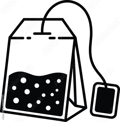 Tea bag silhouette icon with string tag and beverage brewing household theme - black vector illustration set