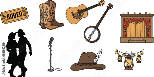 Western rodeo and country music illustration collection featuring cowboy boots, guitar, banjo, stage and dance elements in vintage style, flat vector illustration