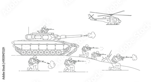 Military scene depicting a tank helicopter and soldiers in combat