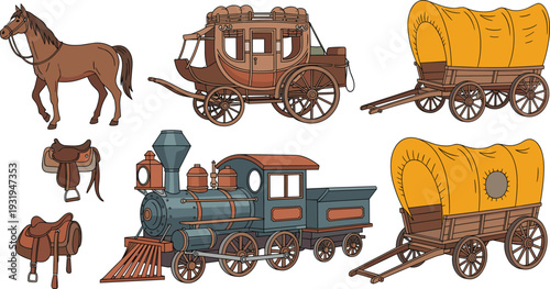 Wild west transportation illustration collection featuring horse, stagecoach, wagon, saddle and vintage steam train in classic western style, flat vector illustration