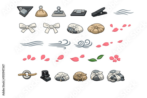 Various items and patterns used in design and decoration on a plain background for creative projects