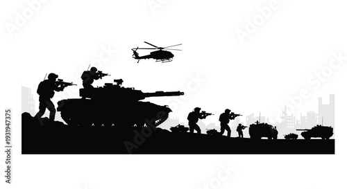 Military operation silhouette featuring a tank helicopter and armed soldiers