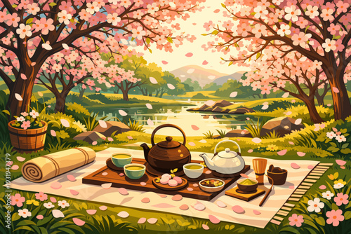 Relaxing tea time under cherry blossom trees near a calm lake in spring sunset light with snacks and tea setup on a picnic mat