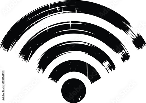 Stylized Wi‑Fi symbol brushstroke vector illustration, artistic connectivity design with rough texture, digital motifs, communication, and modern lifestyle elements