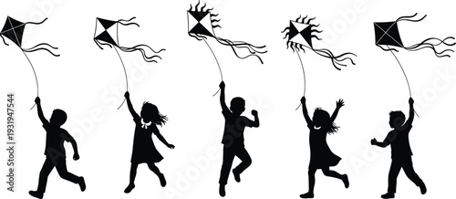 Silhouettes of children running and flying kites outdoors symbolizing play, joy, freedom, childhood fun, recreation, and energetic movement.