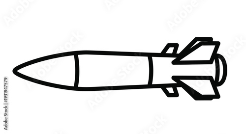 Simple black and white illustration of a missile or rocket with fins