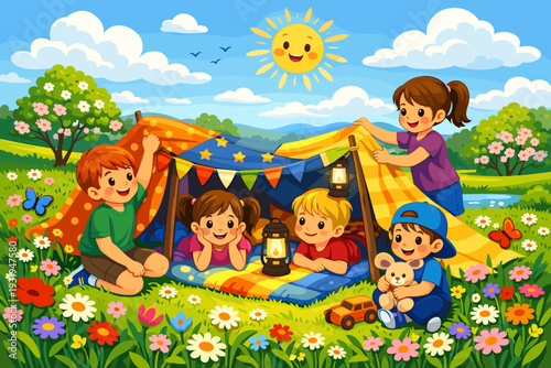 Children build a tent and enjoy time together in a grassy field with flowers and trees under a sunny sky