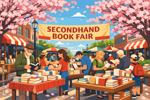 Visitors browse tables filled with books at a secondhand book fair in a park under blooming trees on a sunny day