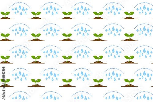 Growing plants under rainfall with water droplets in a repeating pattern on white background
