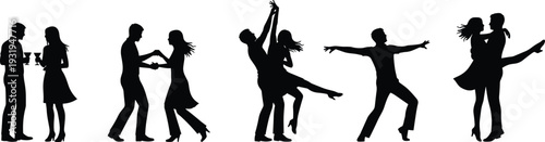 Silhouettes of dancing couples and solo dancer in expressive poses showing romance, performance, movement, passion, style, and connection.