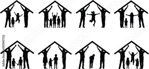Silhouettes of diverse family units under stylized house roofs symbolizing protection, unity, care, love, home, and relationships.